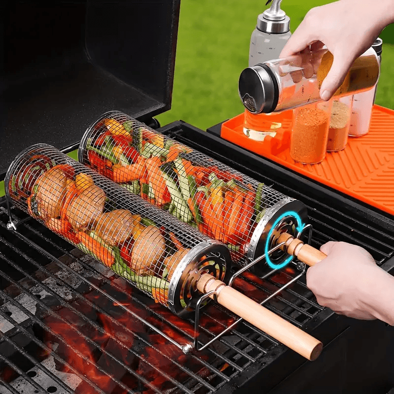 Stainless Steel BBQ Grill Basket with Wood Handle