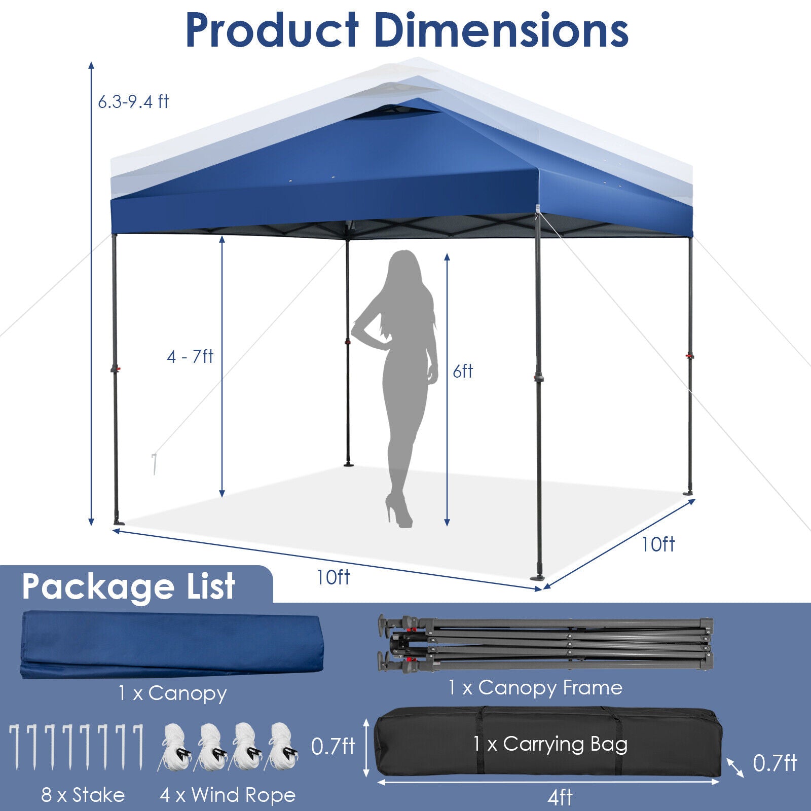 10 x 10 Ft Foldable Outdoor Instant Pop-up Canopy with Carry Bag-Blue