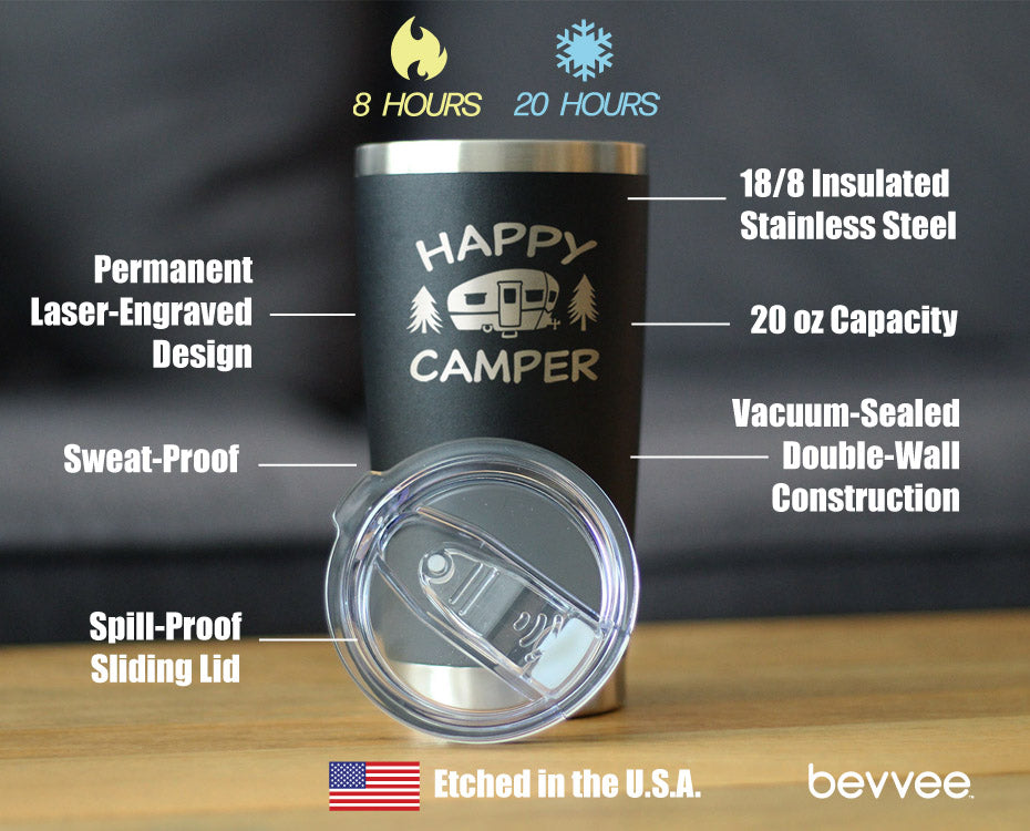 Happy Camper Stainless Steel Insulated Coffee Tumbler Cup with Sliding Lid