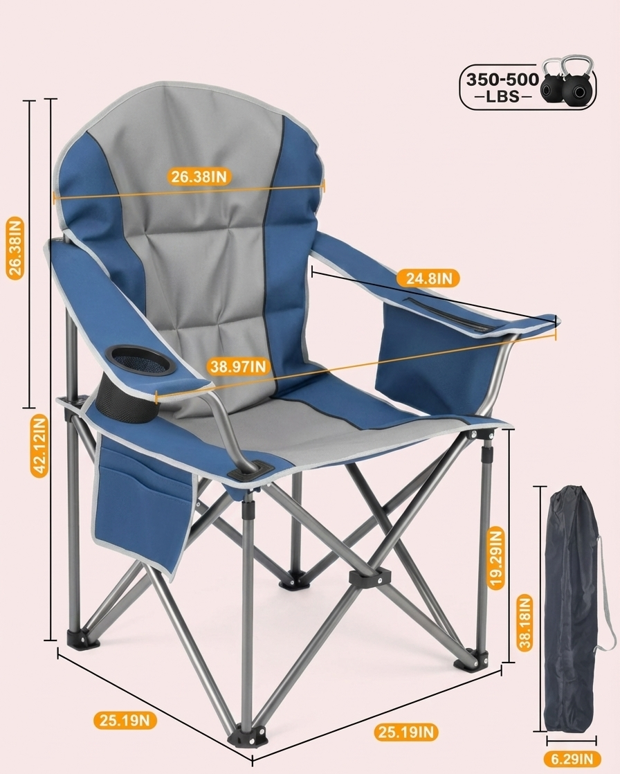 Heavy Duty Folding Camping Chair w/ Cup Holder & Cooler Bag