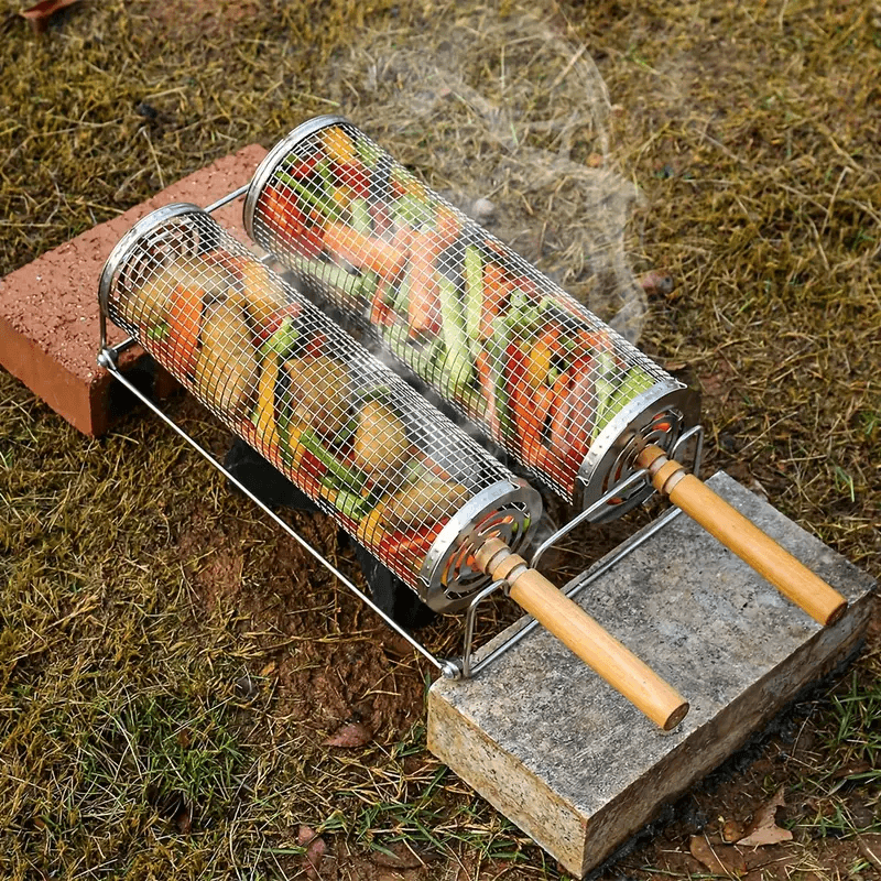 Stainless Steel BBQ Grill Basket with Wood Handle