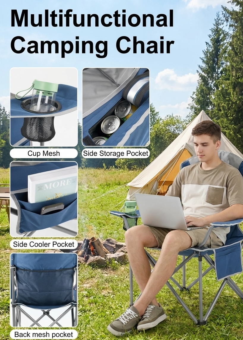 Heavy Duty Folding Camping Chair w/ Cup Holder & Cooler Bag