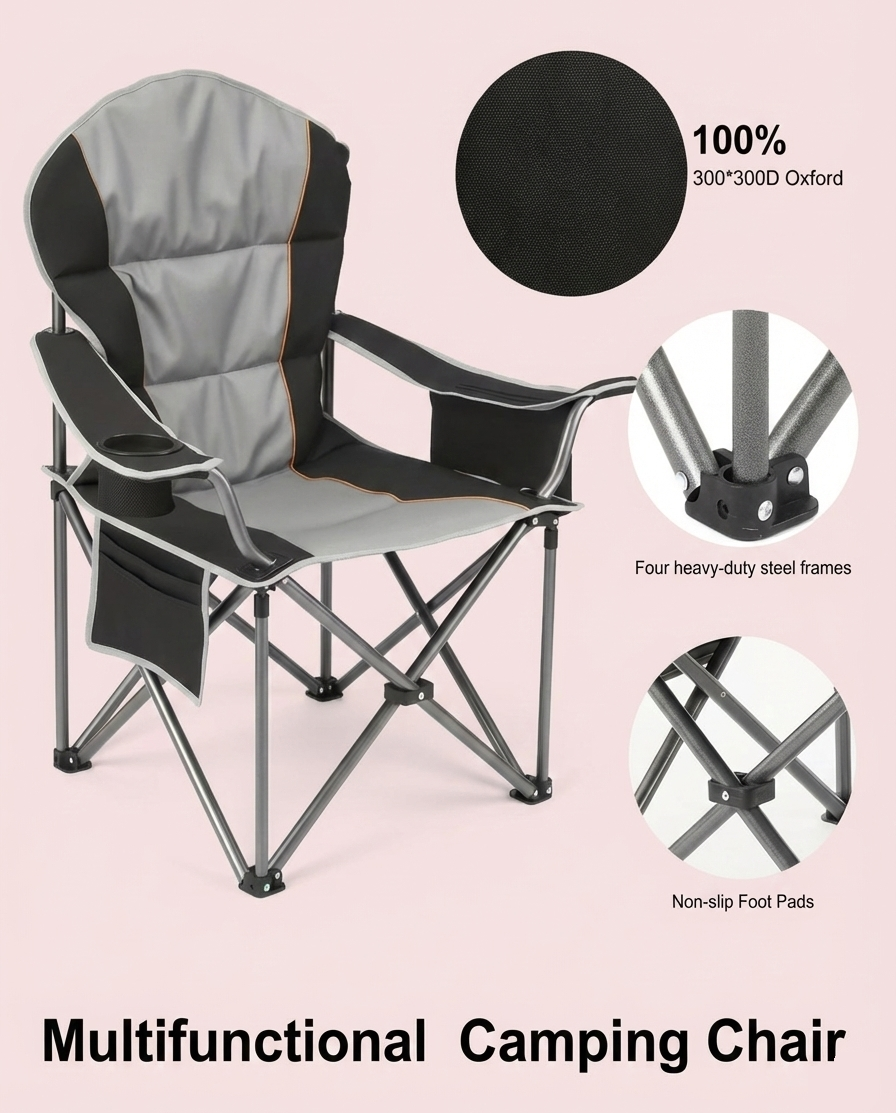 Heavy Duty Folding Camping Chair w/ Cup Holder & Cooler Bag