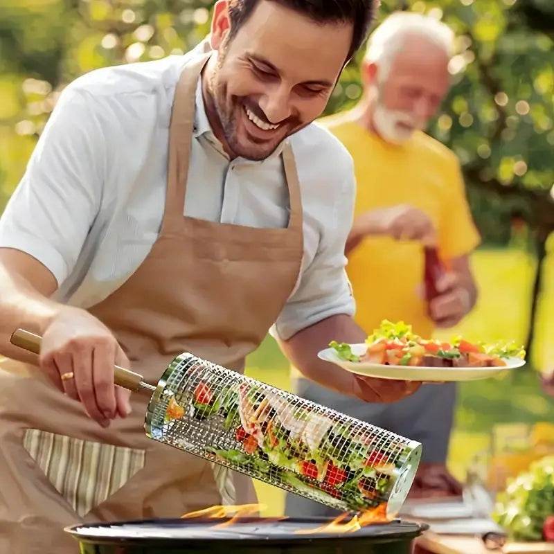 Stainless Steel BBQ Grill Basket with Wood Handle