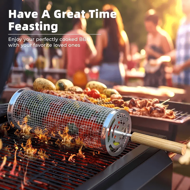 Stainless Steel BBQ Grill Basket with Wood Handle