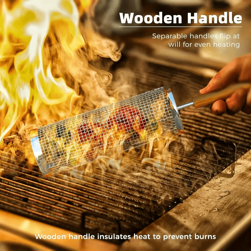 Stainless Steel BBQ Grill Basket with Wood Handle