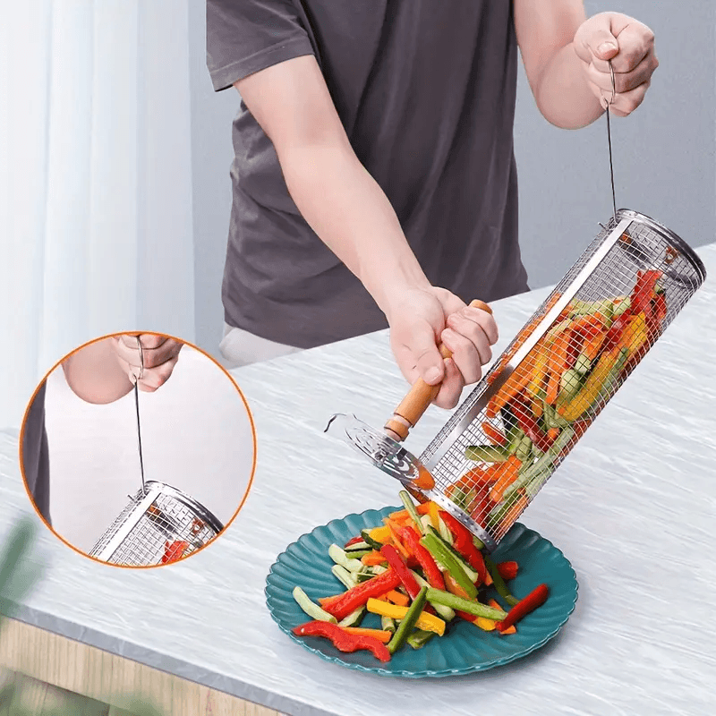 Stainless Steel BBQ Grill Basket with Wood Handle