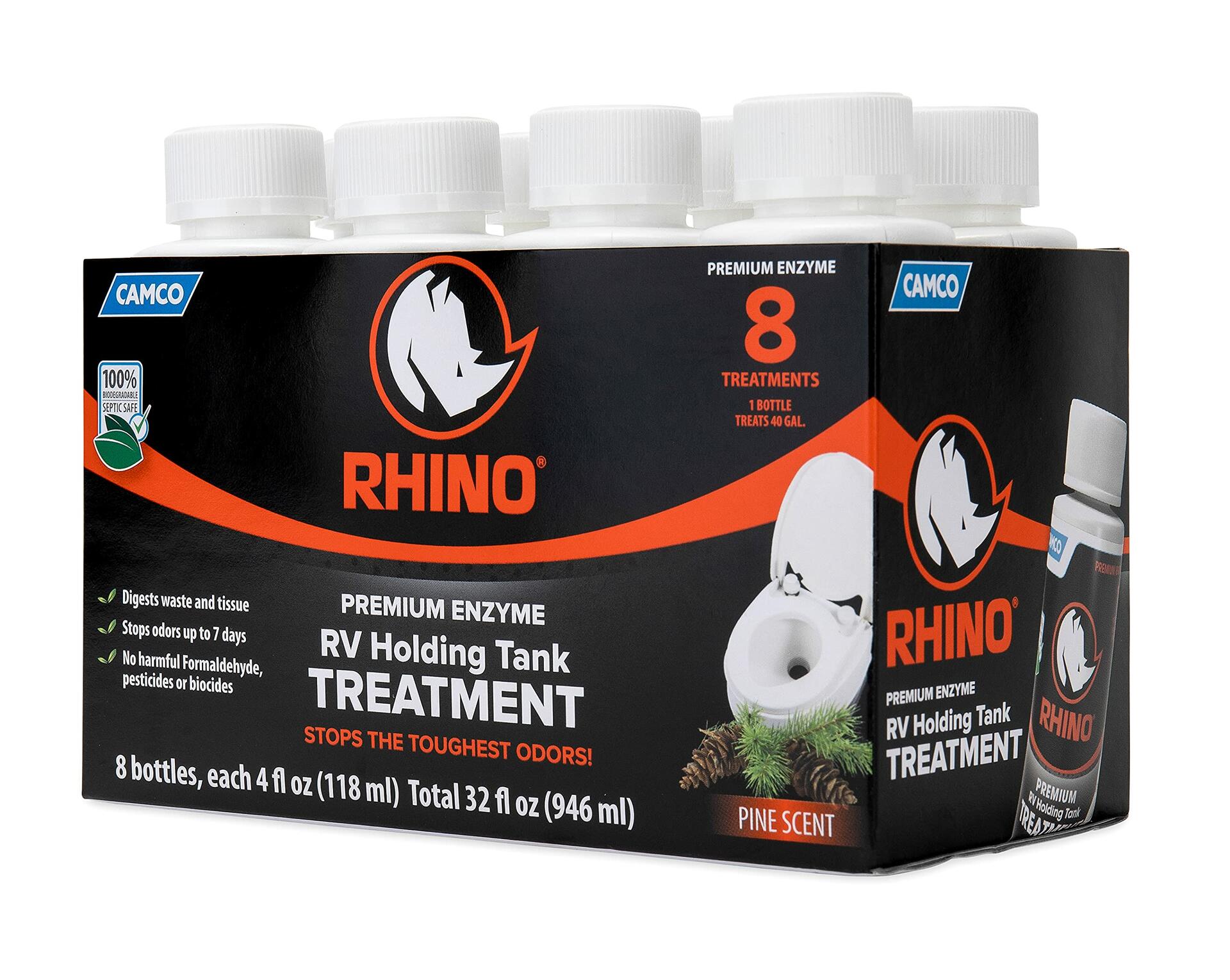 Camco RhinoFLEX Enzyme RV Holding Tank Treatment Pine Scent 8x4oz Bottles
